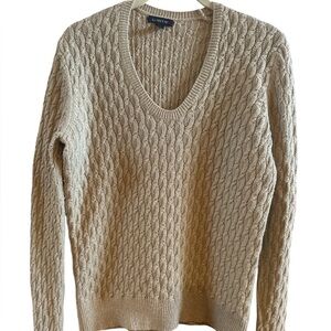 Lands' End Women’s Cable Knit V-Neck Sweater Size Medium Tan With Silver Threads